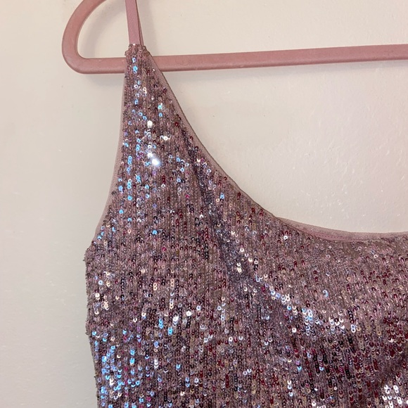 Aqua Sequined Fringed Hem Gown - Picture 4 of 7